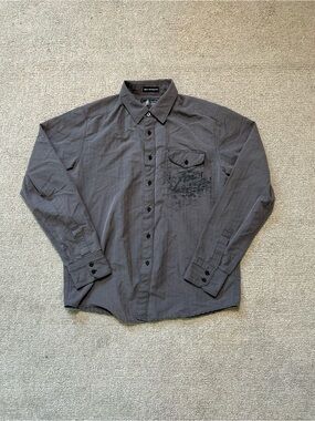 Y2K Fox Racing Shirt Deluxe Collar Long Sleeve Button Up L Black Gray Pinstripe